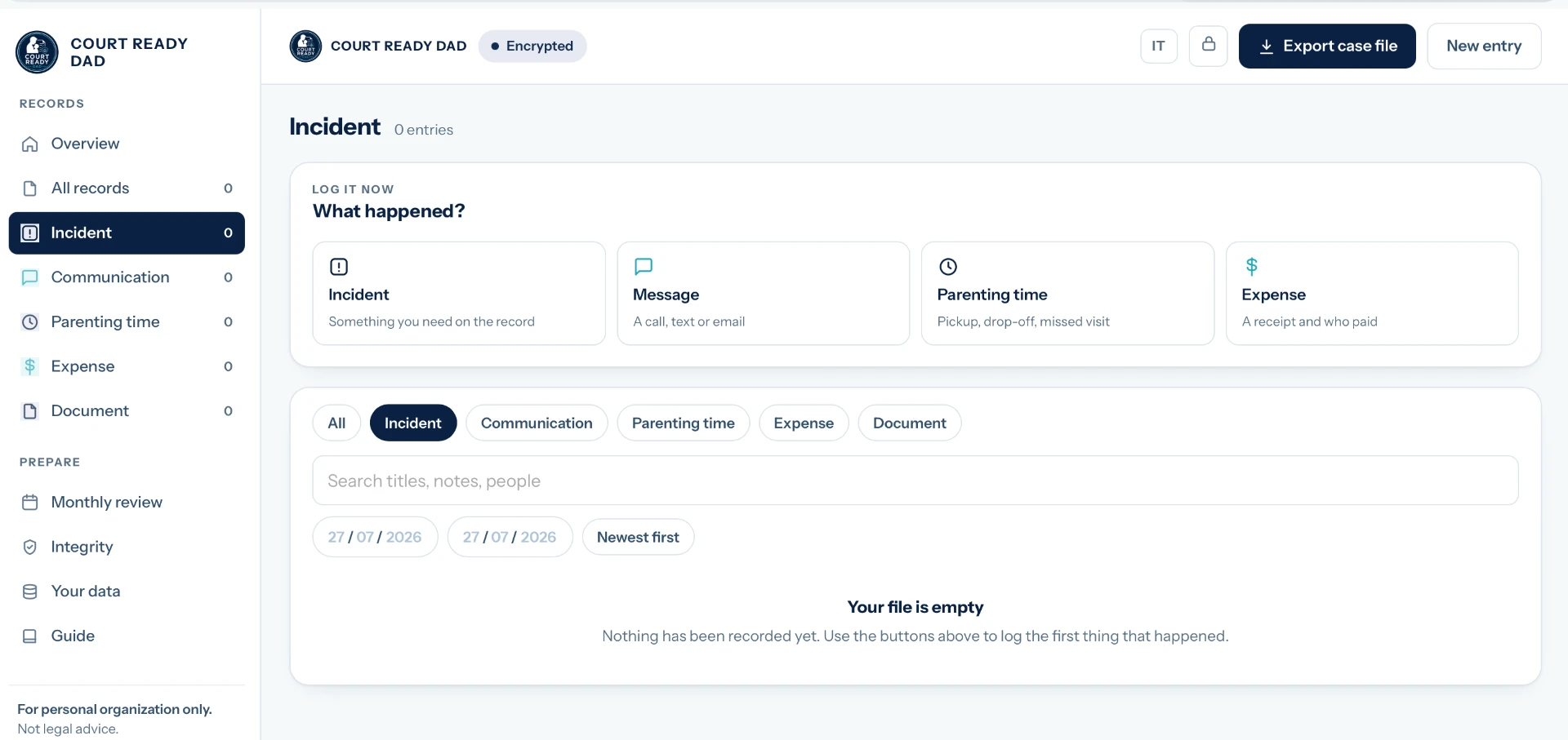 Court Ready Dad private web app dashboard for organizing incidents, communication, parenting time, expenses, and records.