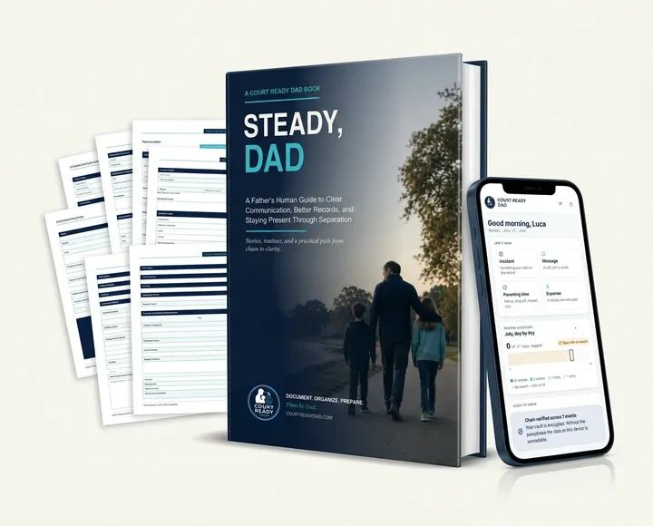 Court Ready Dad bundle: fillable PDF kit, the Steady, Dad ebook, and the Court Ready Dad app