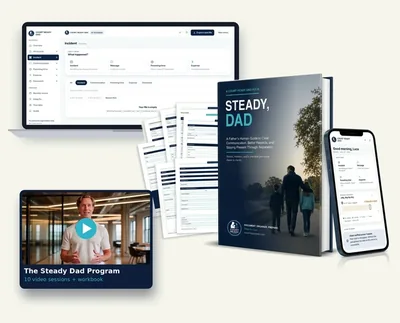 Court Ready Dad product image showing the fillable PDF pages, a Steady Dad Program screen, the Steady, Dad guide and the private web app on a phone